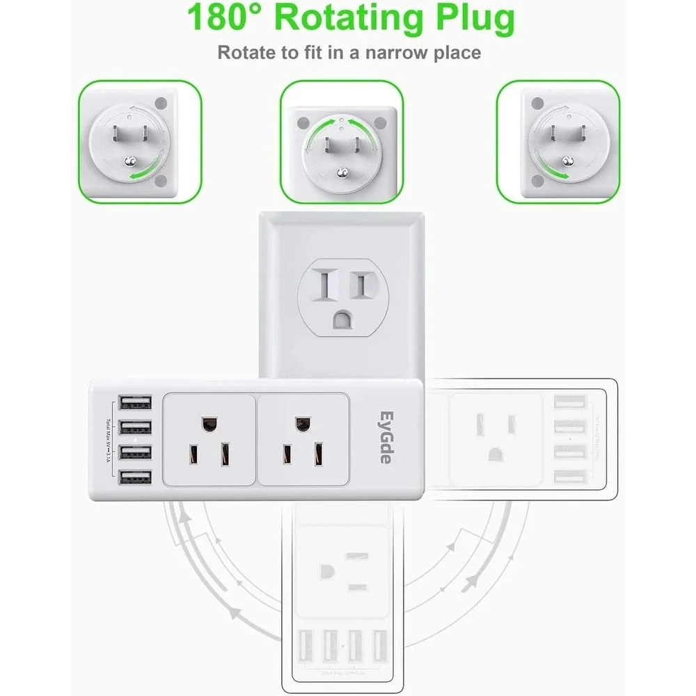 3 Prong Power Strip with Rotating Plug EyGde Multi Plug Outlet Extender - Whi...